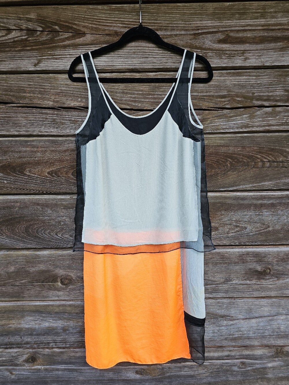 Helmut Lang Colorblock Layered Sheer Silk Dress Size 10 Gray Black Neon Orange - Picture 2 of 11